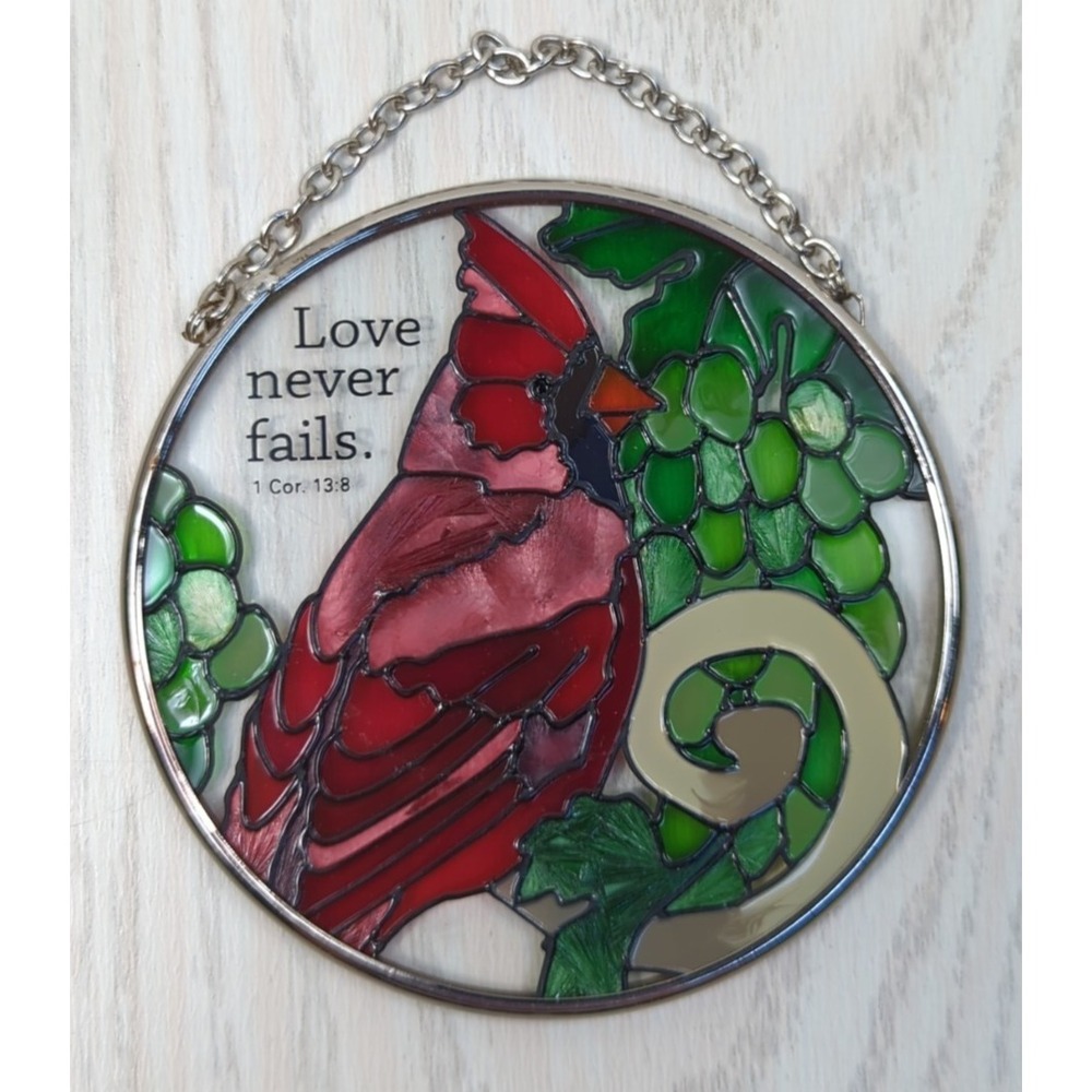 Cardinal suncatcher window hanging stained‎ glass Love Never Fails 1 Cor 13:8